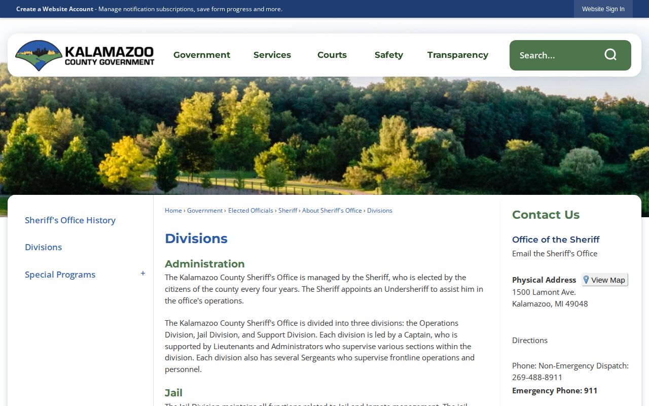 Kalamazoo County Sheriff divisions page describing jail intake and warrants work
