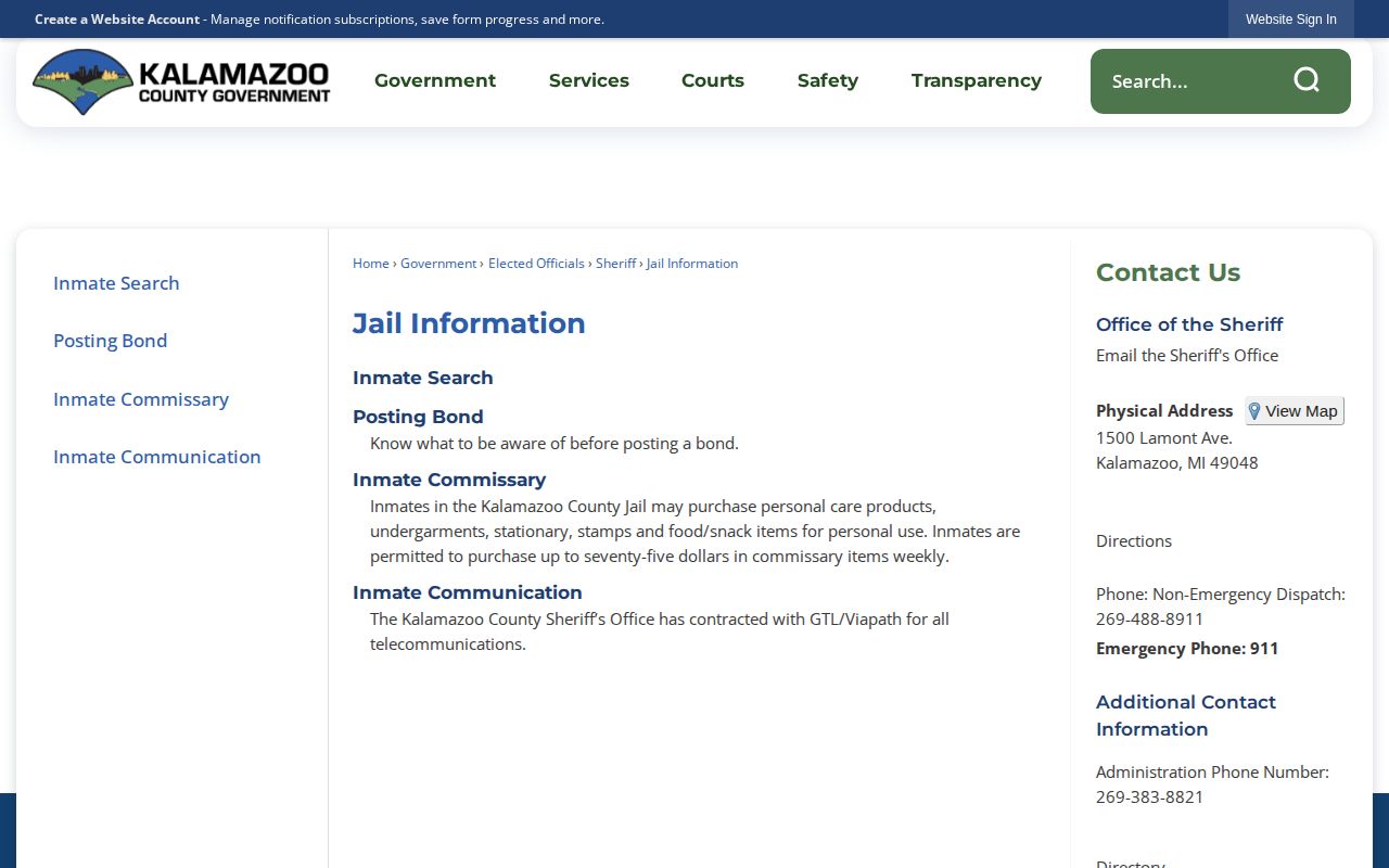 Kalamazoo County official jail information page