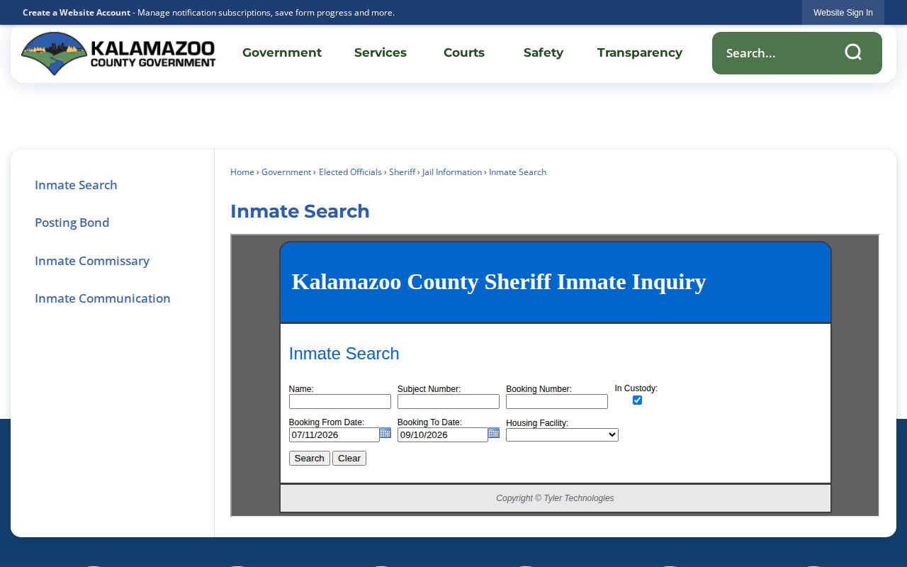 Kalamazoo County official Inmate Search page linking to the jail roster