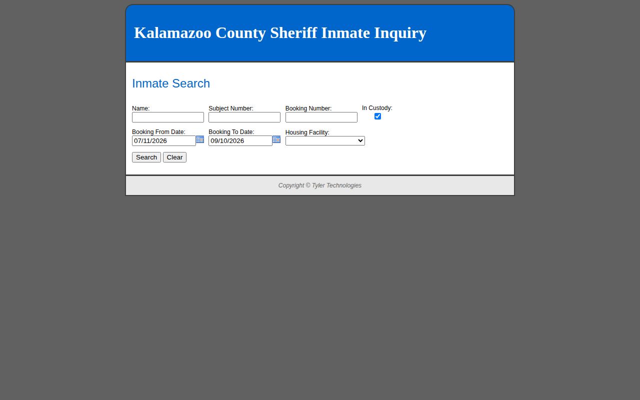 New World Kalamazoo inmate inquiry search fields for names booking dates and custody