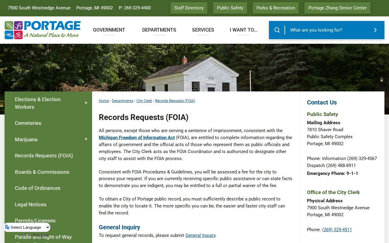 Portage arrest report and police records request page