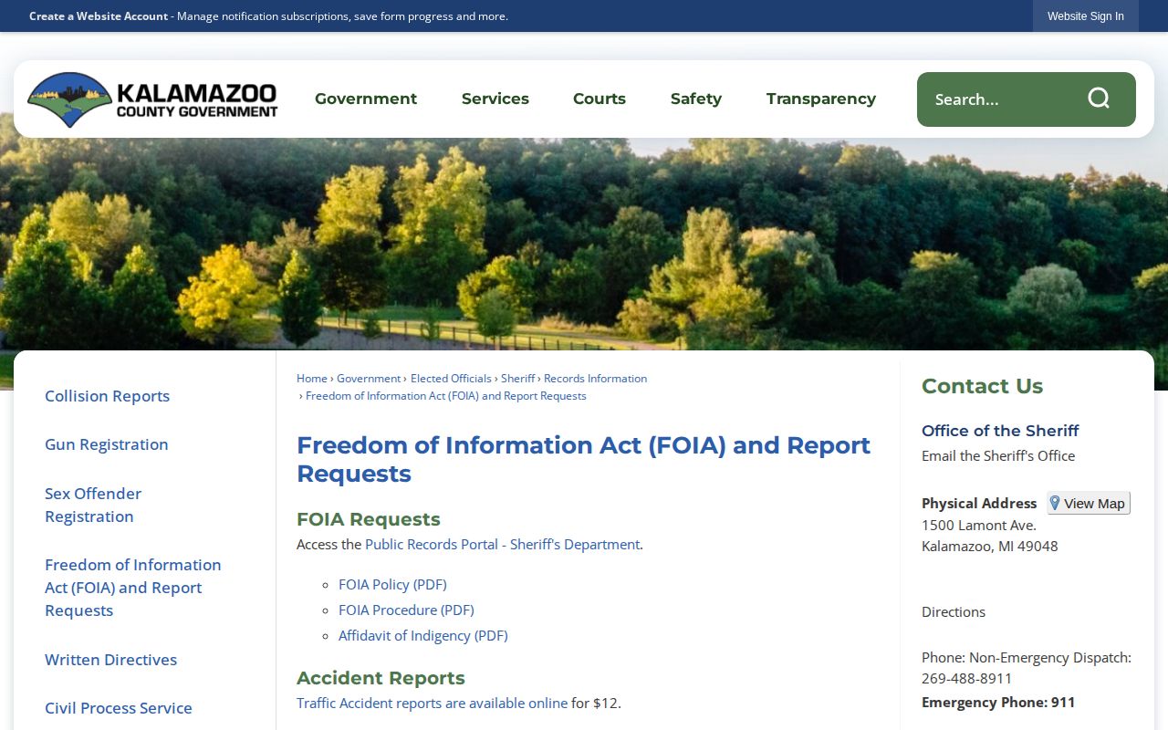 Kalamazoo County Sheriff FOIA and reports request instructions