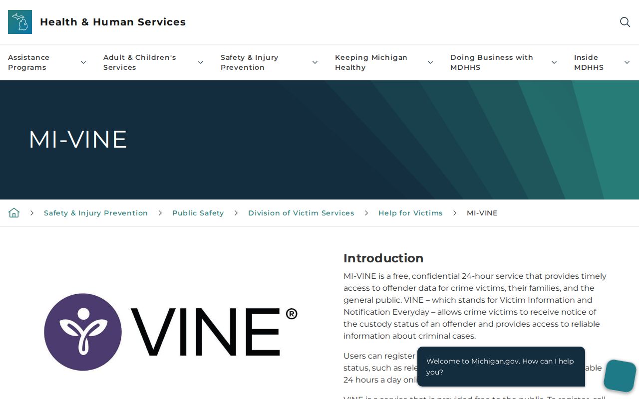 Michigan MI-VINE official information page